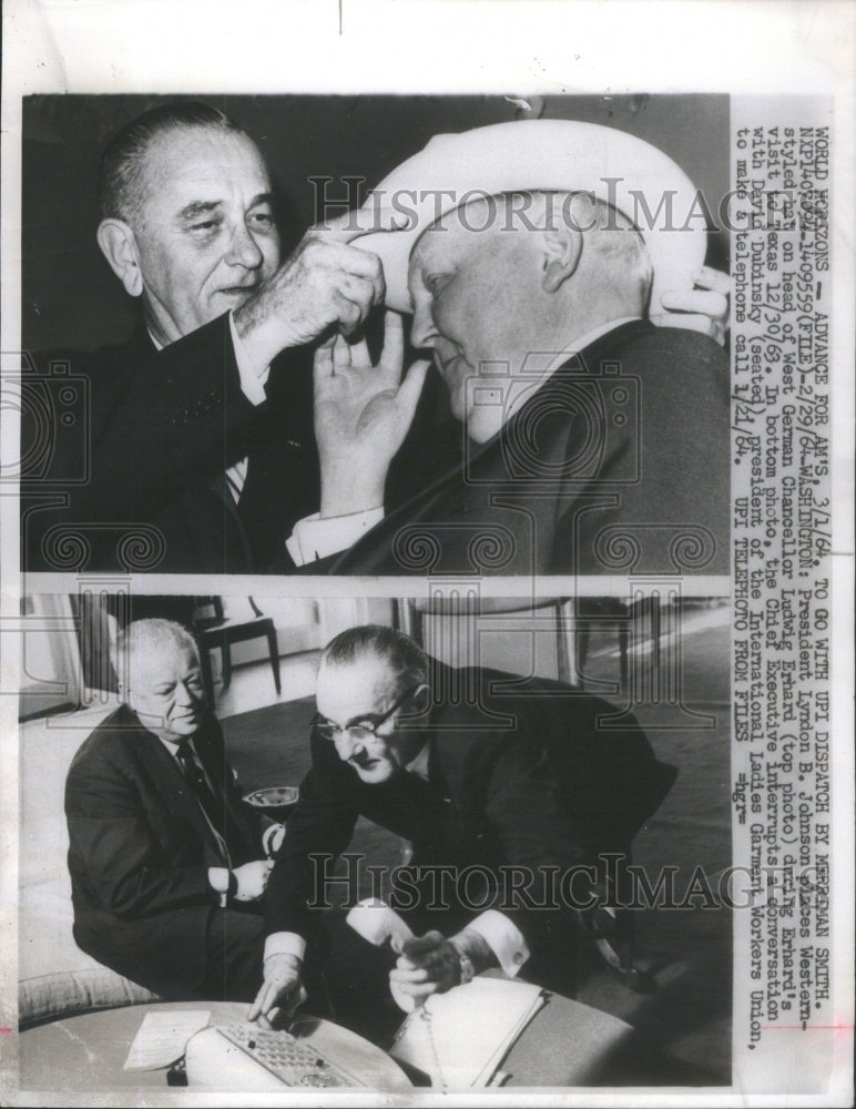 1964 Press Photo President Lyndon Johnson Ludwig Erhard David Dubinsky - Historic Images