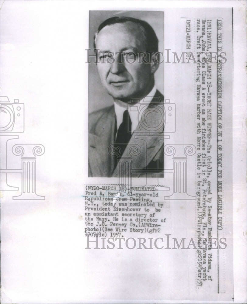 1957 Press Photo Yacht race winner Criollo Senator Humberto Vidana Havana Cuba - Historic Images