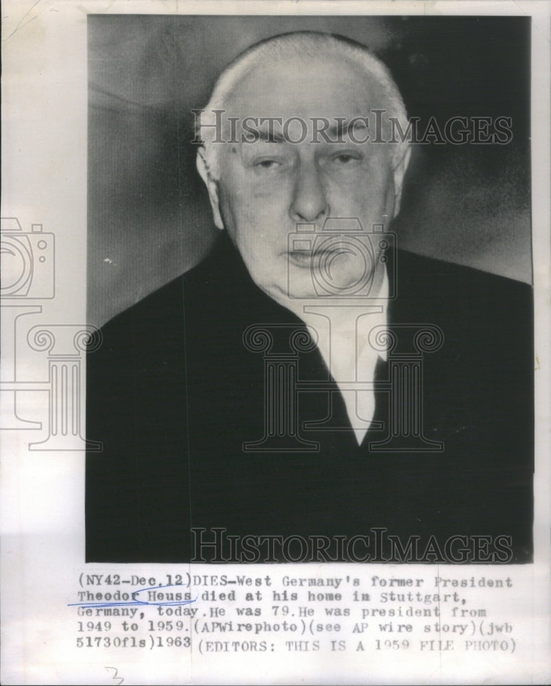 1963 Theodore Heuss Former West Germany President died at his home. - Historic Images