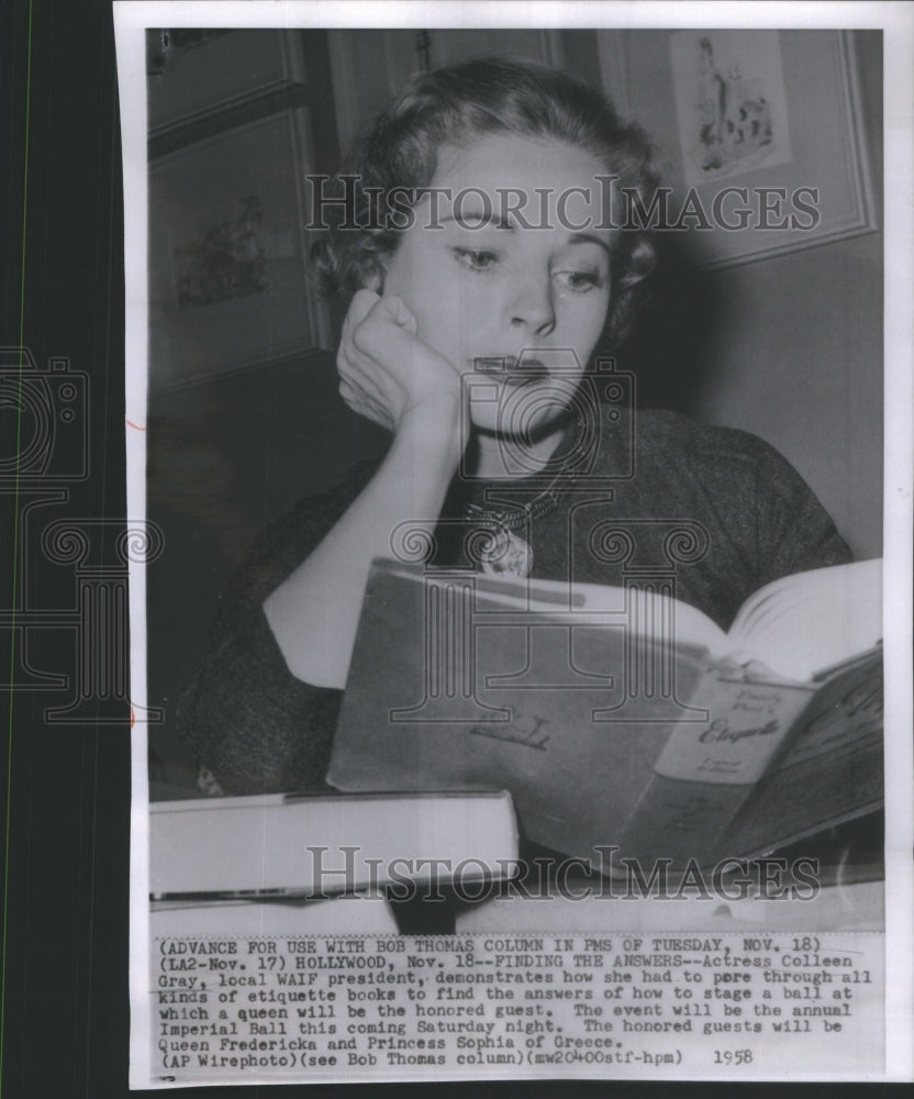 1958 Actress Colleen Gray WAIF president demonstrate etiquette book - Historic Images