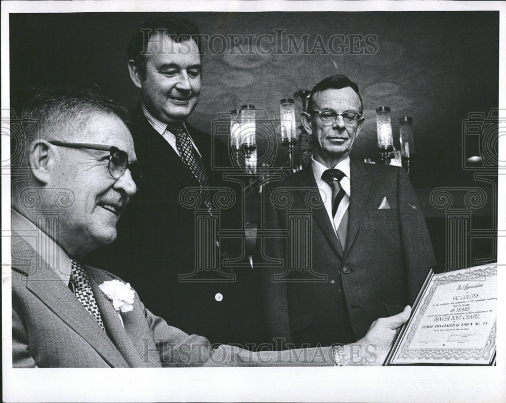 1971 Press Photo Vic Collins Jim Mills Ferd Butler Denver Post Chapel - Historic Images