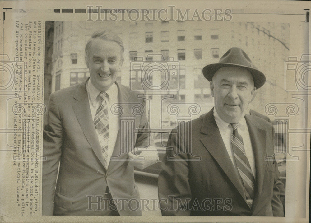 1974 Press Photo John Mitchell lawyer Peter Fleming Jr Federal court New York - Historic Images