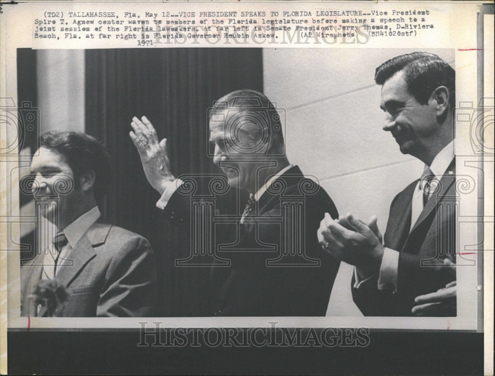 1971 Press Photo Spiro Agnew Senate Florida Reubin Askew Tallahassee Governor - Historic Images