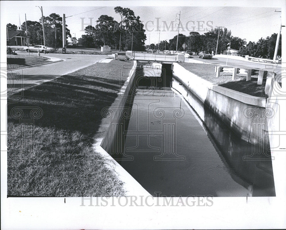 1981 Press Photo Cement shored Ms Adams land soil erosion plagues drainage canal - Historic Images