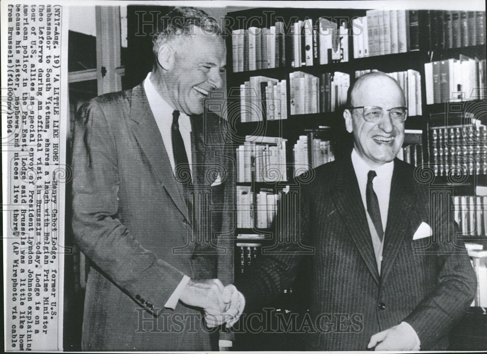 1964 Press Photo Henry Cabot Lodge with Belgian Prime Minister Theo Lefervre - Historic Images