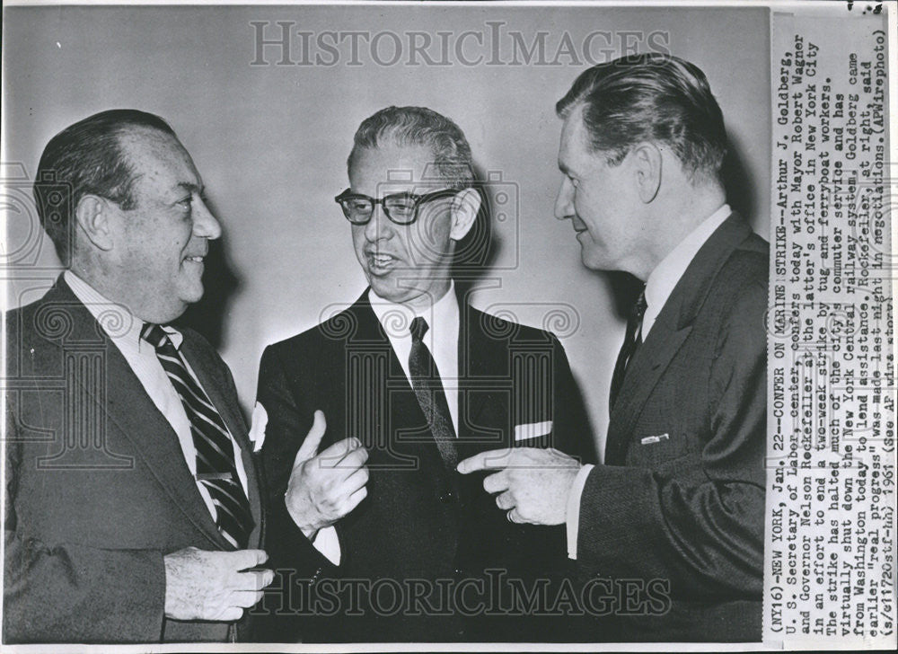 1961 Press Photo Arthur J. Goldberg Mayor Robert Wagner Gov. Nelson Rockefeller - Historic Images