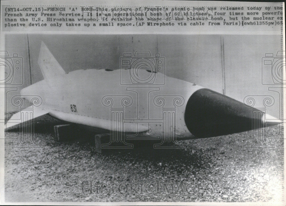 1965 Press Photo France's Atomic Bomb, Operational Bomb Of 60 Kilotons - Historic Images