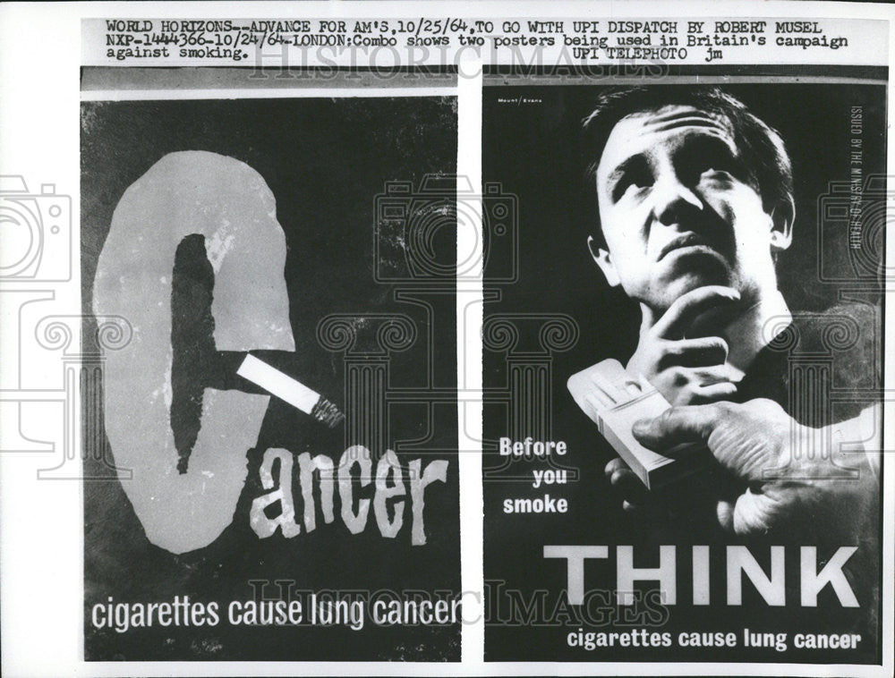 1964 Press Photo Combos of Two Posters in Britain&#39;s Campaign Against Smoking - Historic Images