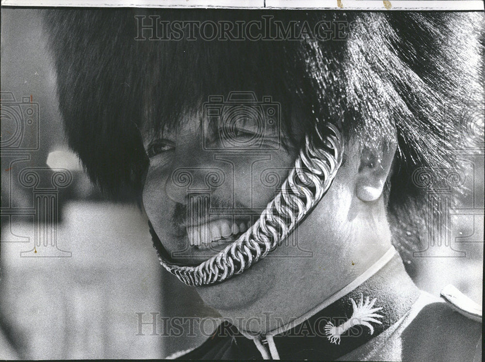 1974 Press Photo Chubby Toy Soldier sergeant With Black Fur Gold Chain - Historic Images