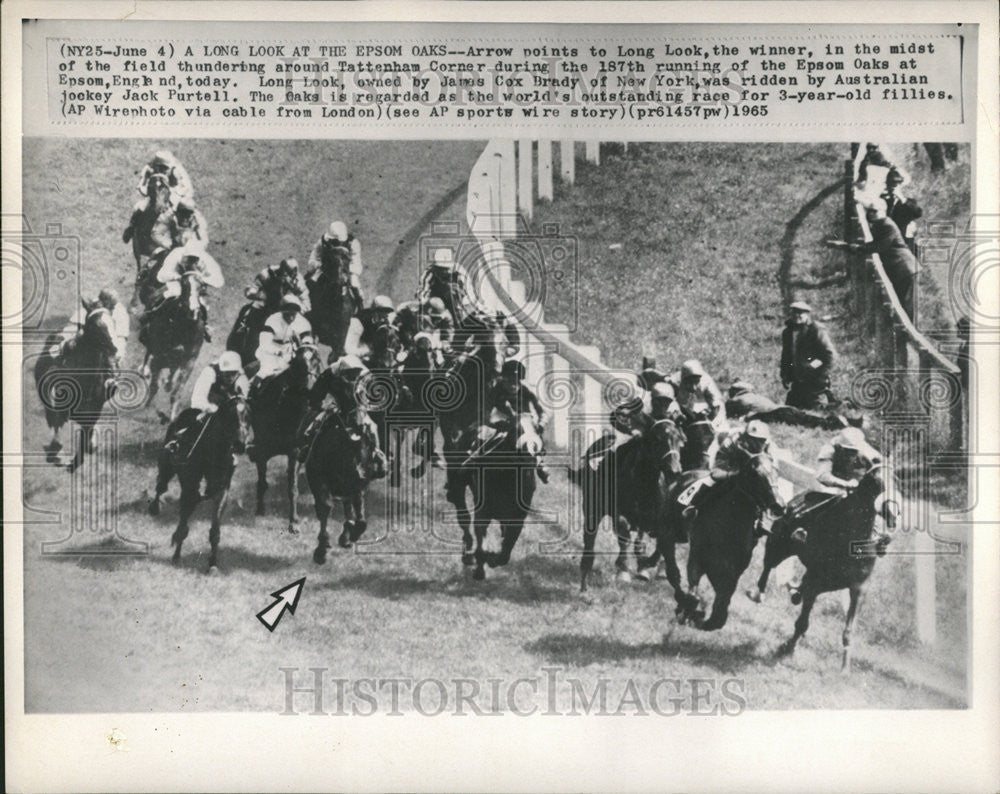 1965 Press Photo Arrow Points to &quot;Long Look&quot;, The Winner, of the Epsom Oaks - Historic Images