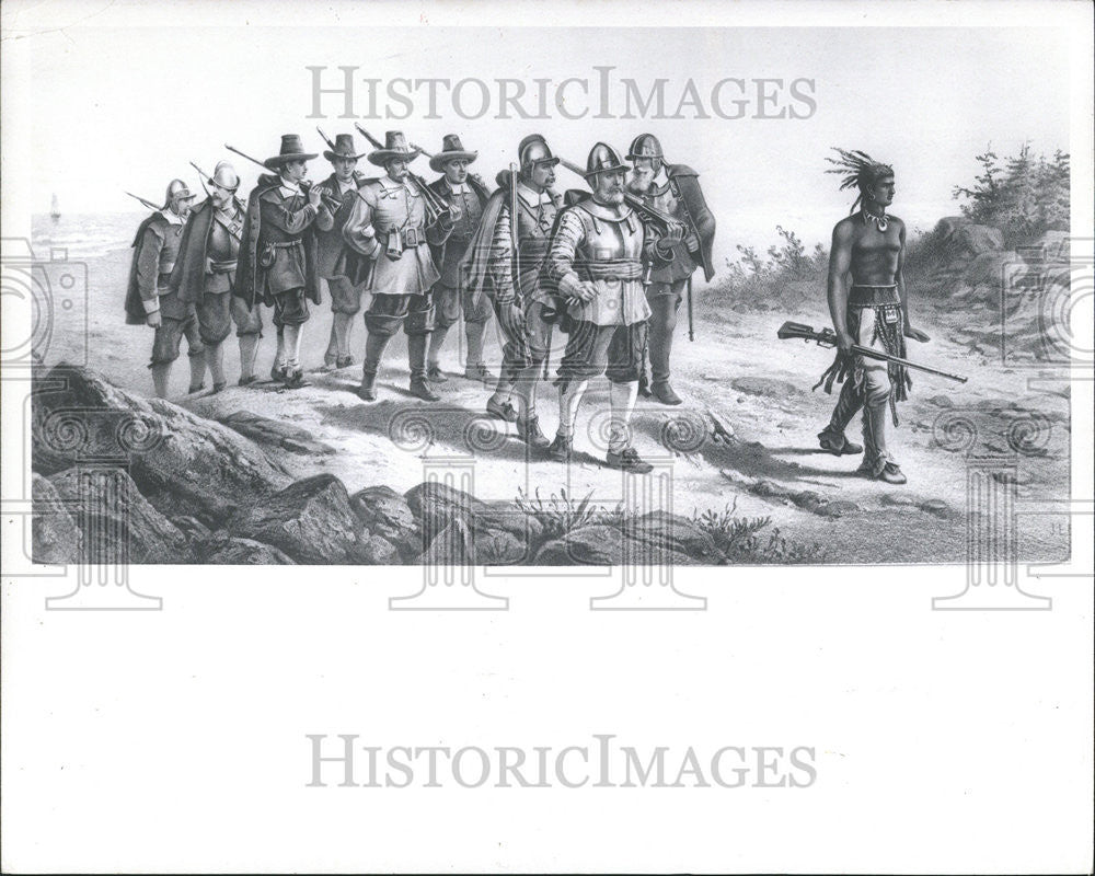 1974 Press Photo Pilgrims Neighboring Indians Squanto Miles lithograph - Historic Images