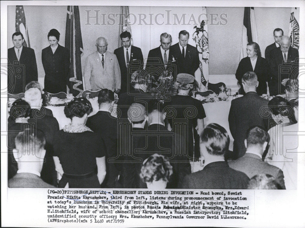 1959 Press Photo Nikita Khrushchev Invocation Luncheon University Pittsburgh - Historic Images