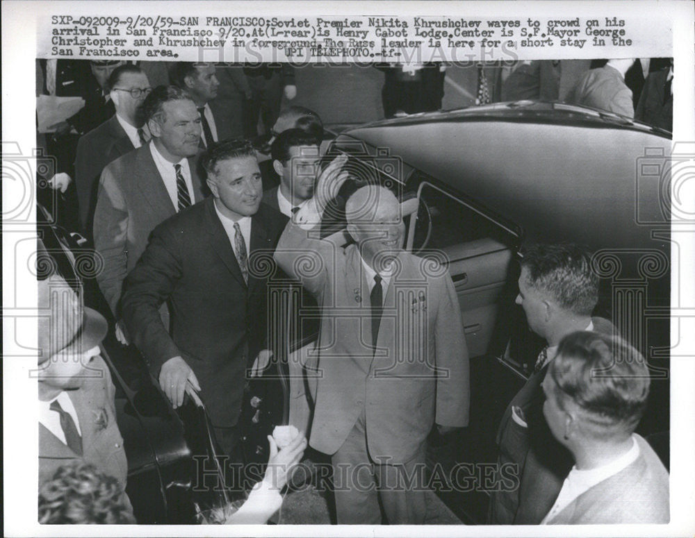 1959 Press Photo Soviet Premier Nikita Khrushchev Henry Cabot Lodge crowd - Historic Images