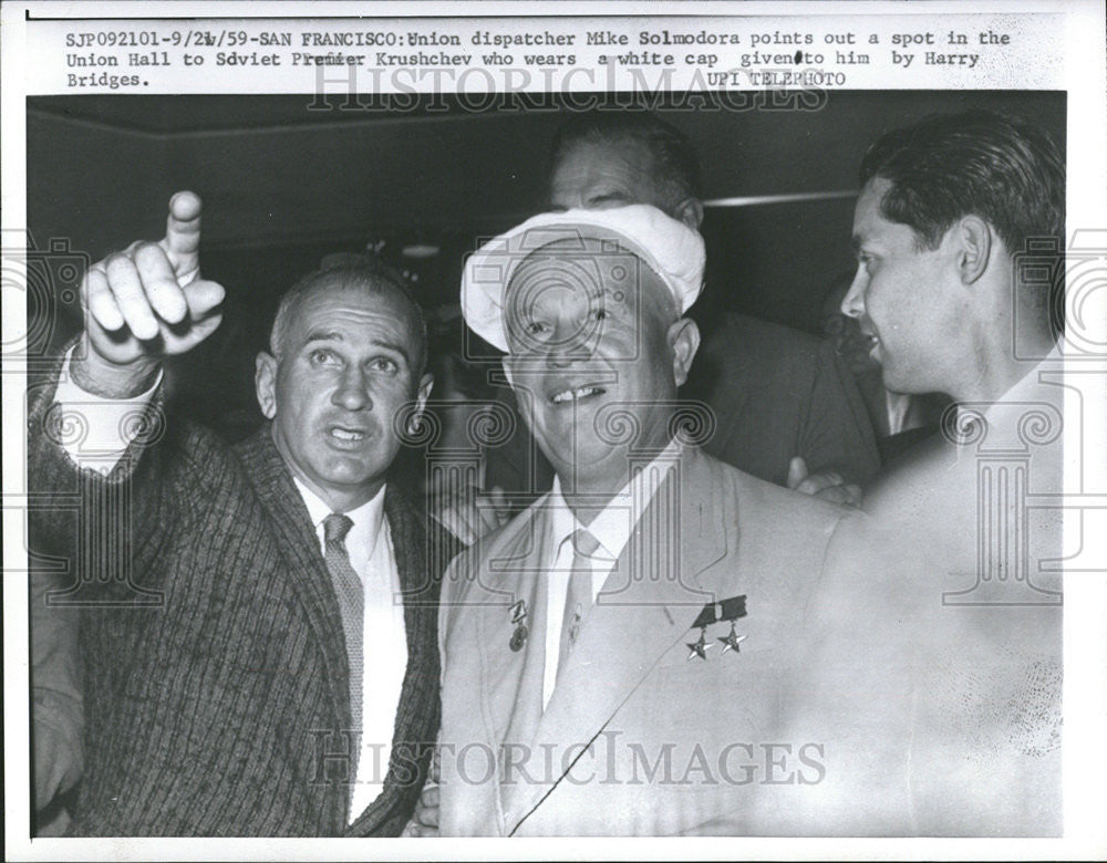 1959 Press Photo Mike Solmodora Soviet Premier Khrushchev Harry Bridges Union - Historic Images