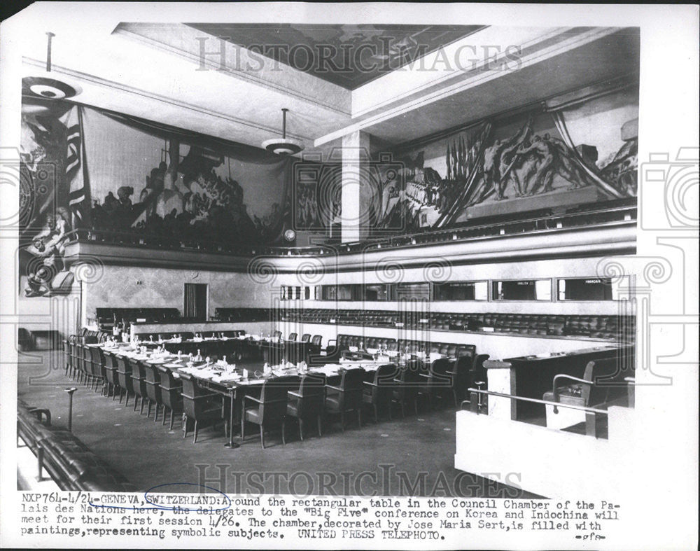 1954 Press Photo Around Rectangular Table Council Chamber Palais Des Nations - Historic Images