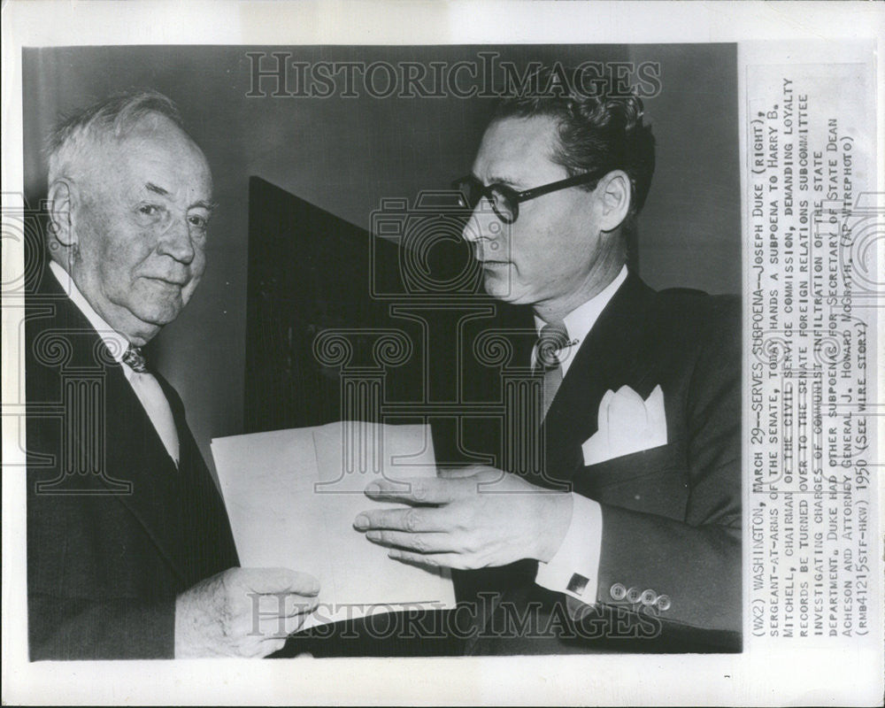 1950 Press Photo Joseph Duke Harry Mitchell Service Commission Subpoena Howard - Historic Images