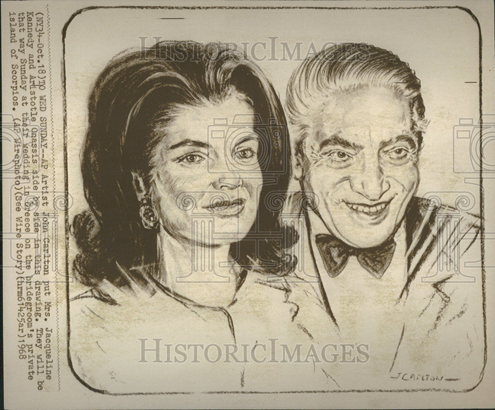 1968 Press Photo Drawing Of Mrs Jacqueline Kennedy And Aristotle Onassis - Historic Images