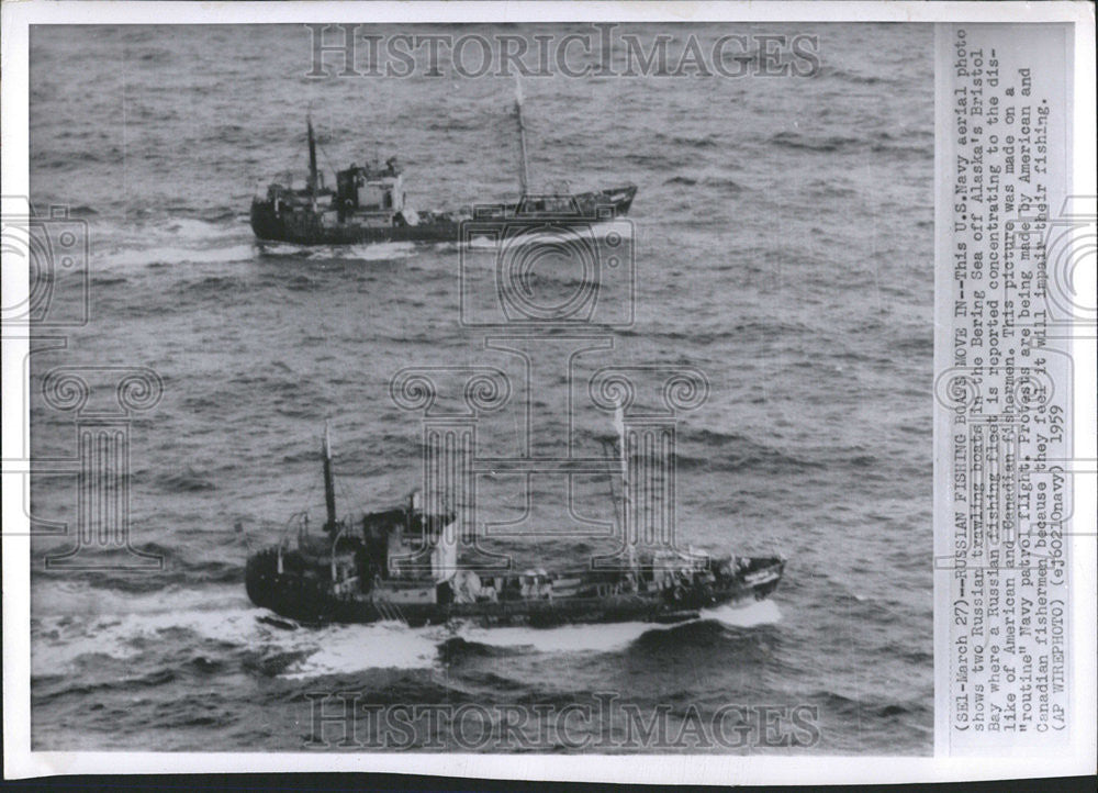 1959 Press Photo US Navy Aerial Russian Trawling Boats Bering Sea Bristol Bay - Historic Images