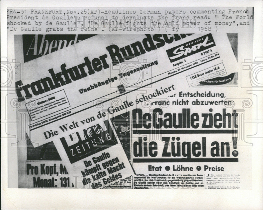 1968 Press Photo Headlines German papers commenting French President refusal - Historic Images