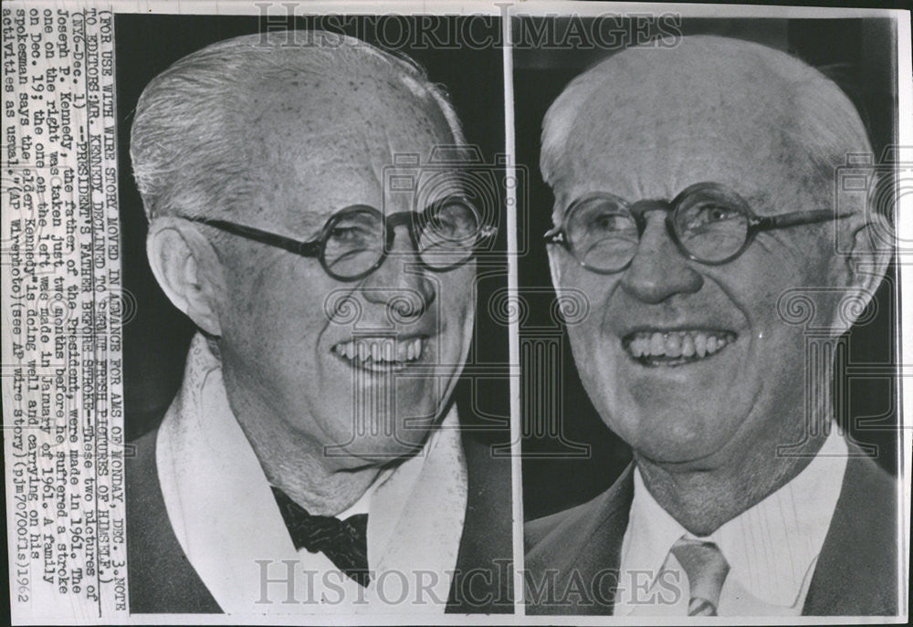 1962 Press Photo Joseph Kennedy President father suffer stroke family spokesman - Historic Images