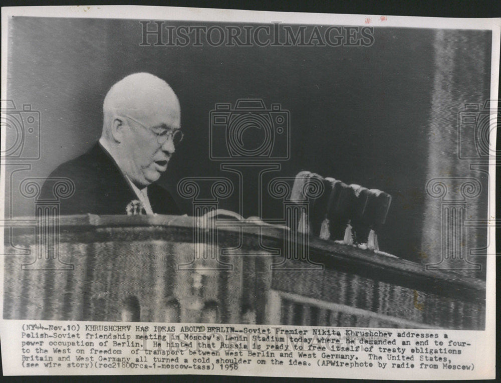 1958 Press Photo Soviet Premier Nikita Khrushchev Polish Lenin Stadium Moscow - Historic Images