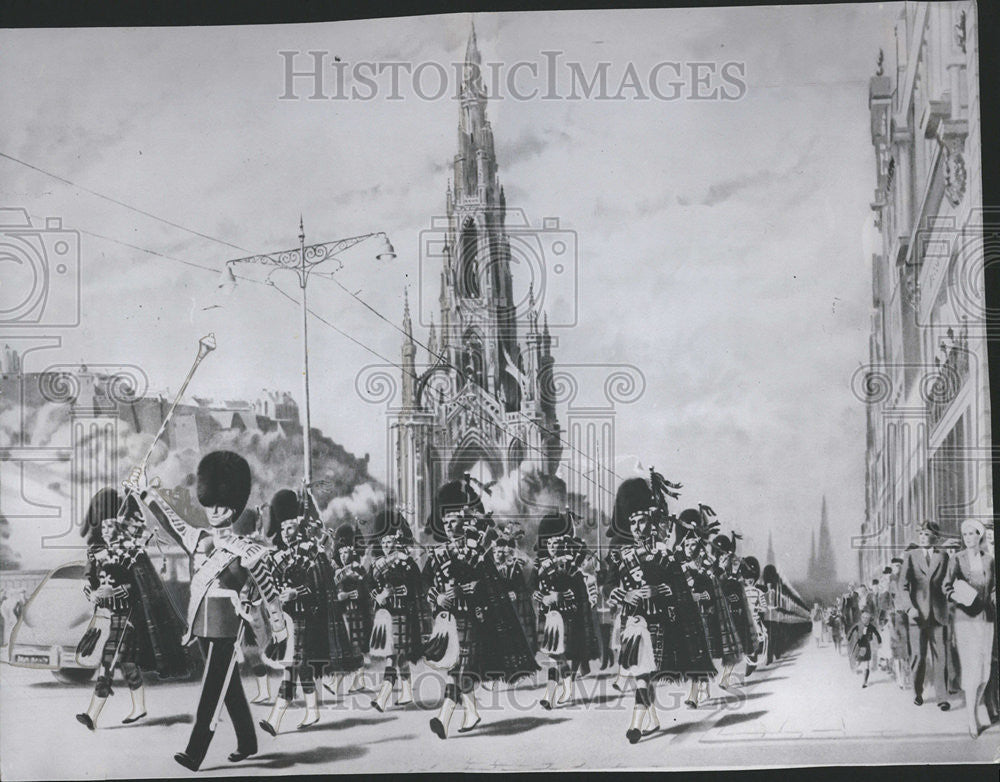 1958 Press Photo Grenadier Guards Scots Edinburgh Princess Street Drum Pipers - Historic Images