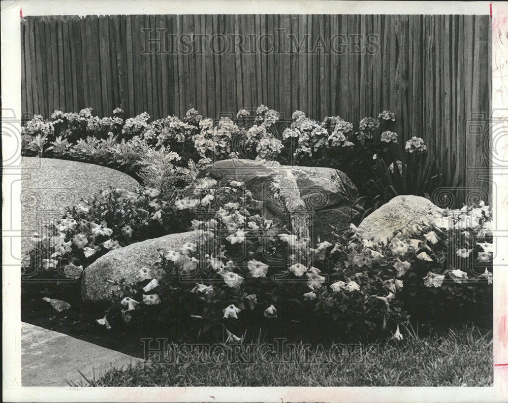 1968 Press Photo gardener broken line garden fashion fencing boulders bollms - Historic Images