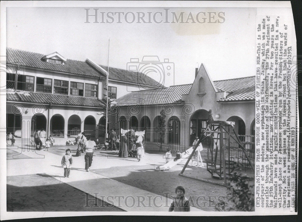 1951 Press Photo Osaka japan wolfhounds Courtyard Orphanage Korean Ward - Historic Images