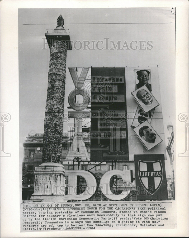 1964 Press Photo Political Poster/Piazza Colonna/Rome/Christian Democratic Party - Historic Images