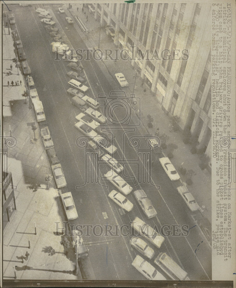 1970 Press Photo Autos park San Francisco municipal employes streetcar Market - Historic Images