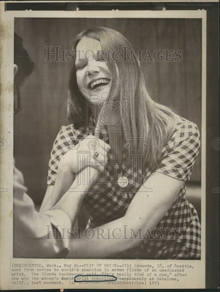 1973 Press Photo Jill Edward Seattle Novice World Champion Seven Flick Wrist - Historic Images