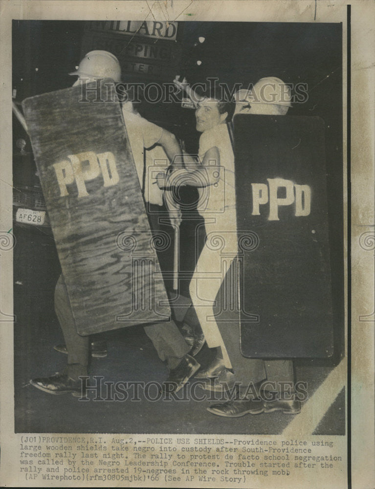 1966 Press Photo Providence Police Wood shield Negro Custody Rally Facto School - Historic Images