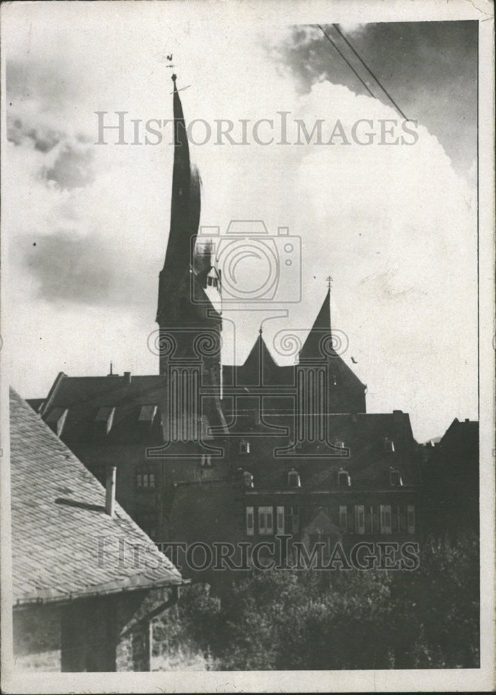 1927 Press Photo The Spire of the Village Church is twisted and bent (Germany) - Historic Images