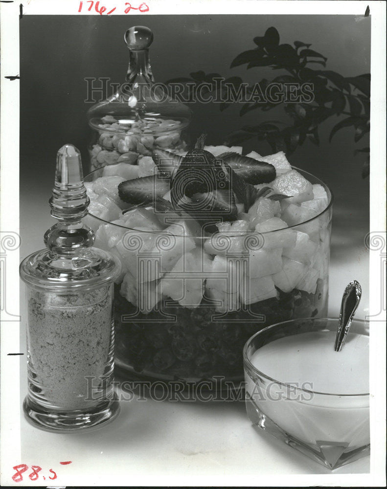 1984 Press Photo Fresh Fruit Ansie Custard Fast Spectacular Treat After Dinner - Historic Images