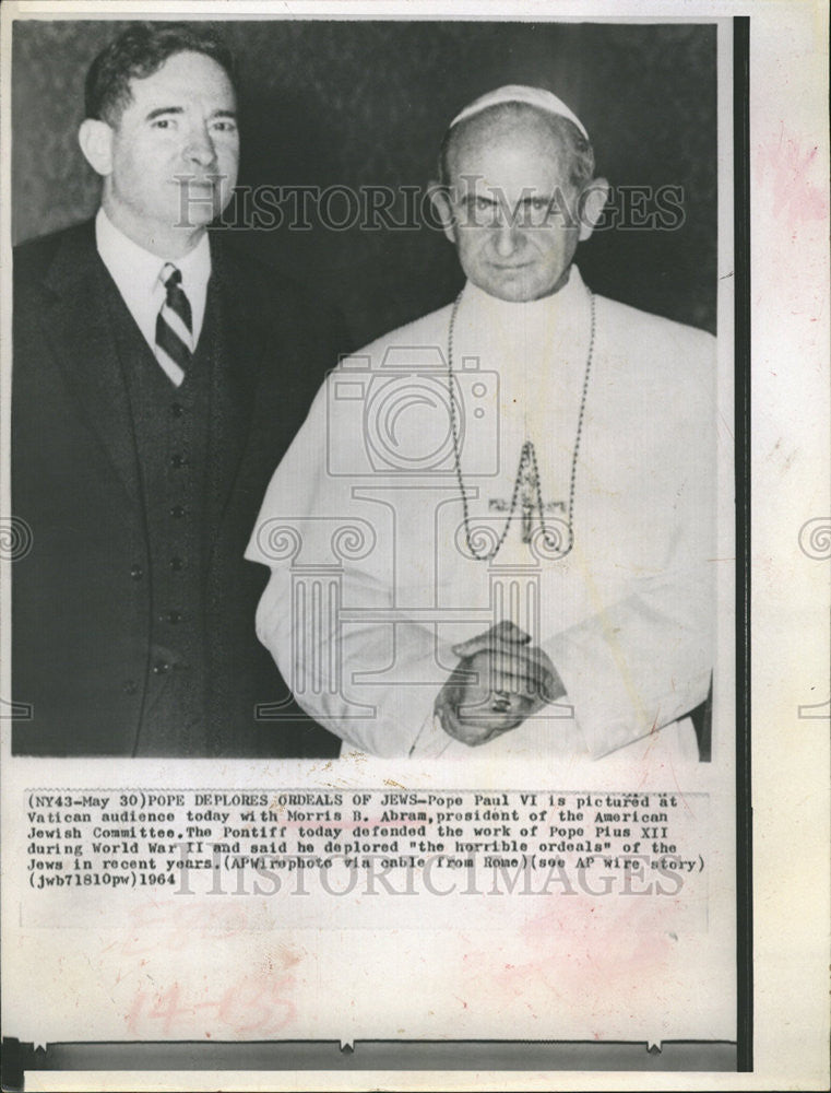 1964 Press Photo Pope Paul VI Morris Abram Vatican - Historic Images