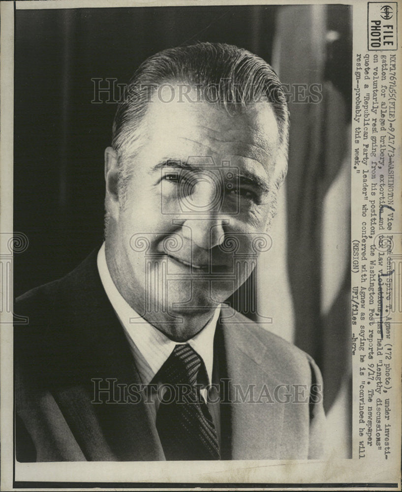 1973 Press Photo Vice President Spiro Agnew under investigation for bribery. - Historic Images