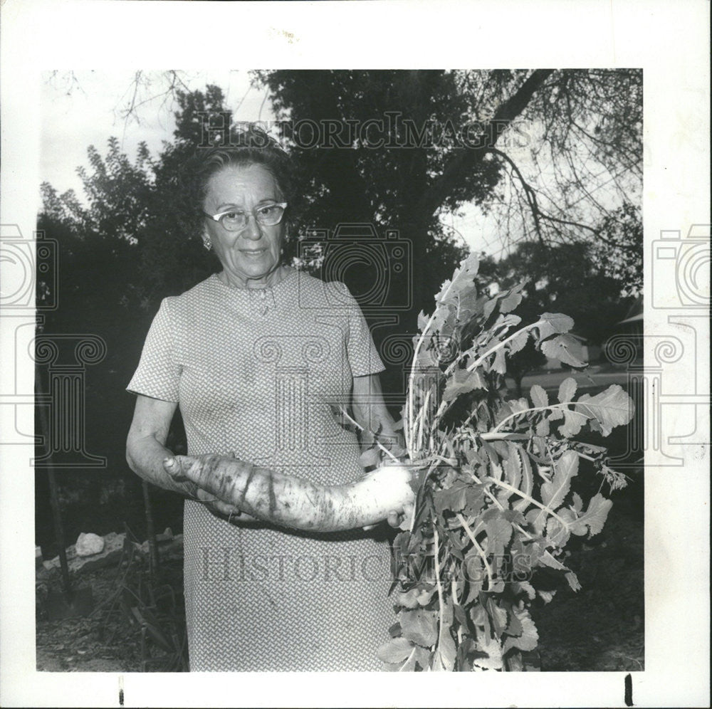 1978 Press Photo Kathryn Akina holds one of her giant radishes. - Historic Images