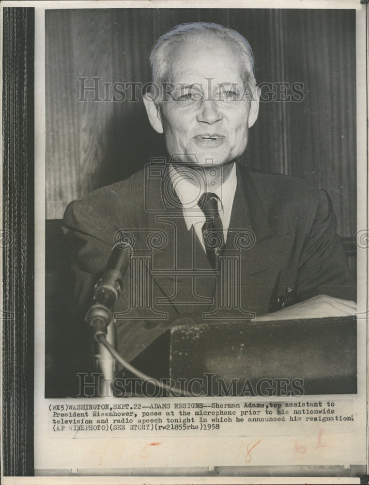 1958 Press Photo Sherman Adams top assistant to President Eisenhower. - Historic Images