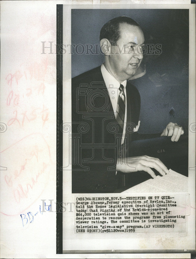 1959 Press Photo George Abrams Revlon Inc. House Legislative Oversight Committee - Historic Images