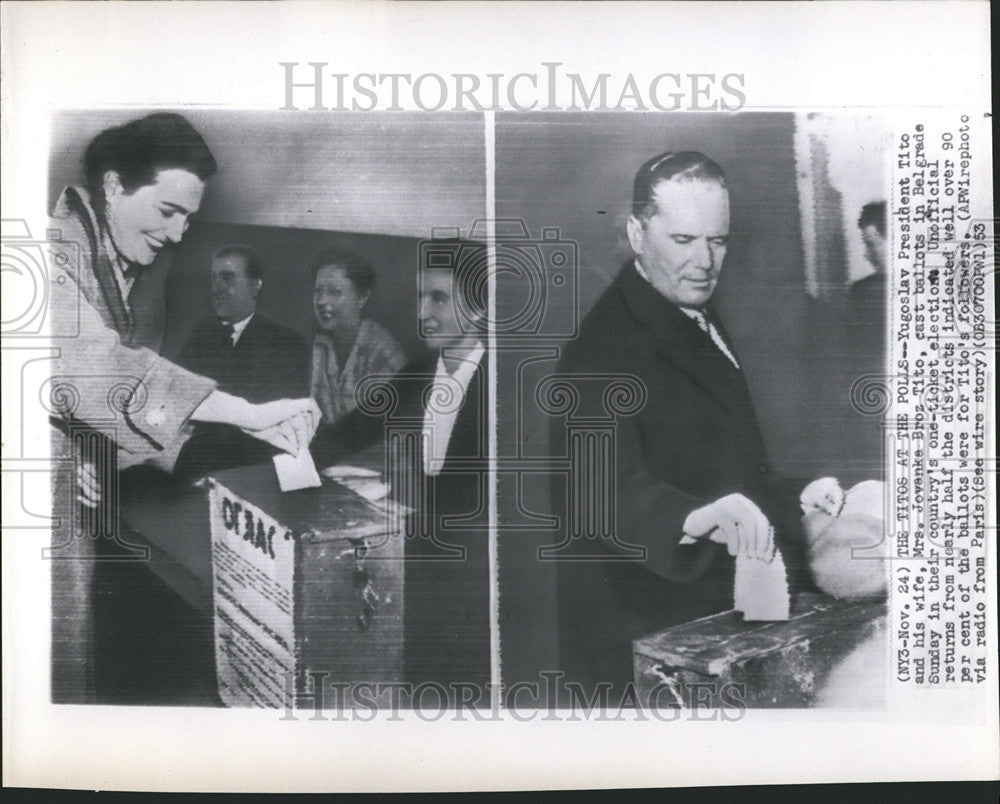 1953 Press Photo Yugoslaz President Tito and Wife Cast Ballots in Belgrade - Historic Images