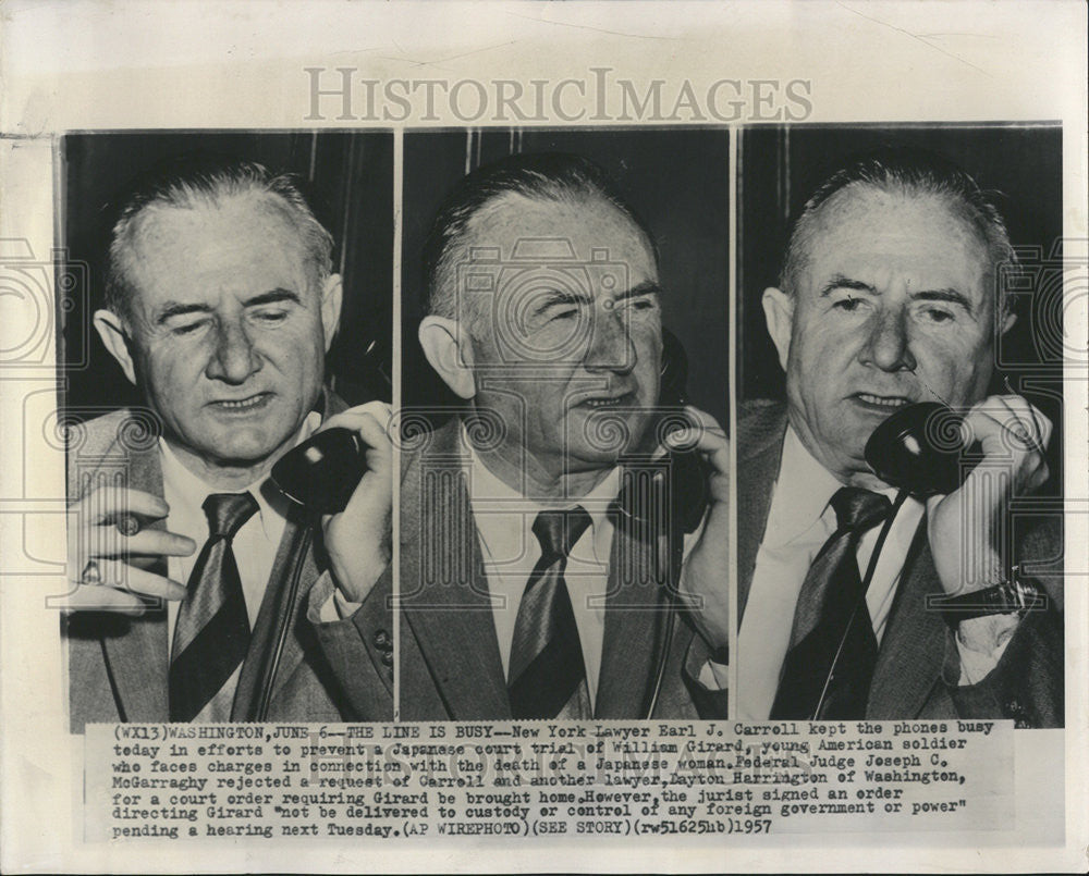 1957 Press Photo New York Lawyer Earl Carrell Japanese court William Girard Busy - Historic Images