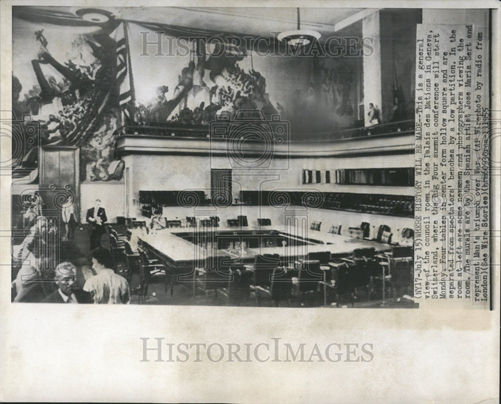 1955 Press Photo Palais Des Nations Council Room Big Four Summit Location - Historic Images