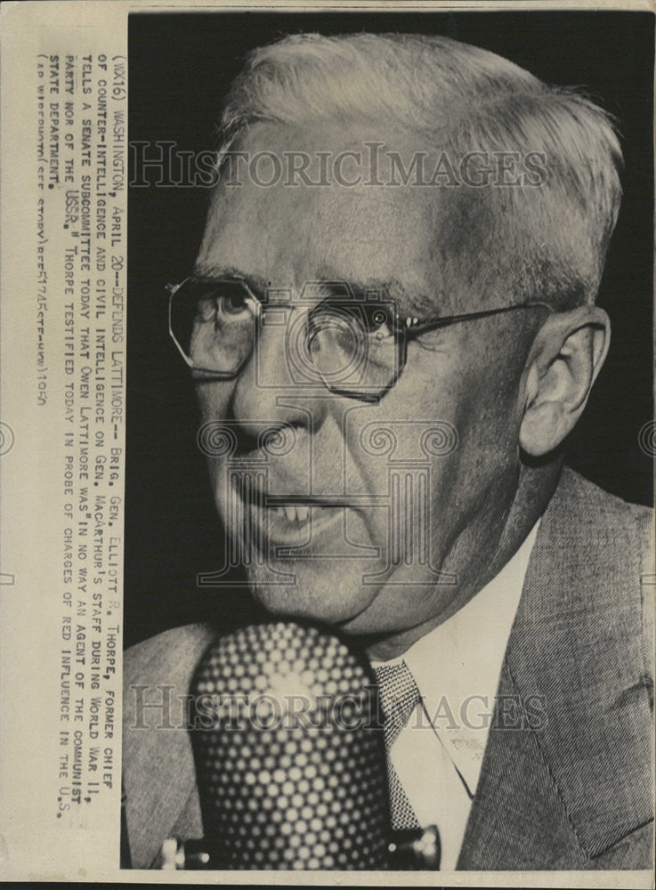 1950 Press Photo Brig Gen Elliott Thorpe intelligence chief Gen MacArthur staff - Historic Images