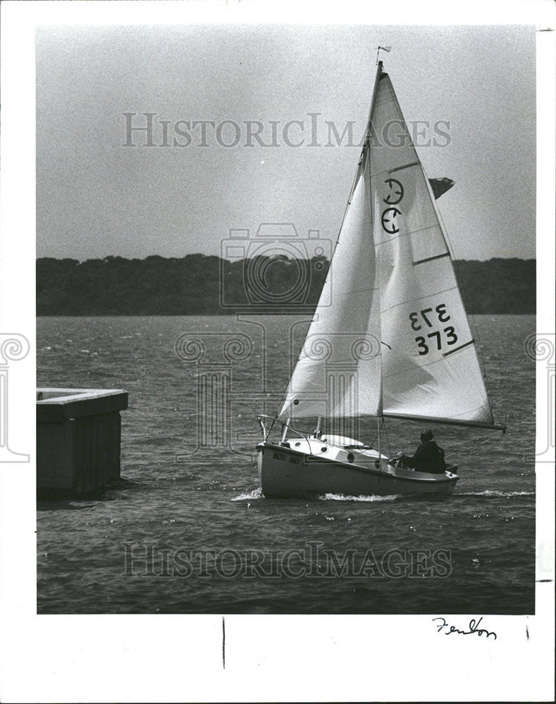 1987 Press Photo Dunedin Marina lone sailor afternoon designed sailboat - Historic Images