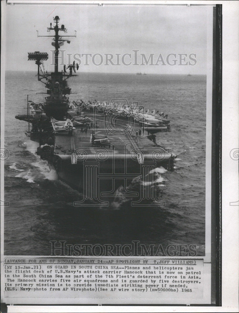 1965 Press Photo Plane Helicopter Jam Deck America Navy Hancock Patrol China Sea - Historic Images