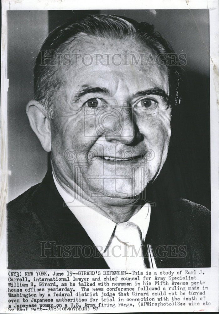 1957 Press Photo Earl J Carroll American International Lawyer Chief Counsel Army - Historic Images