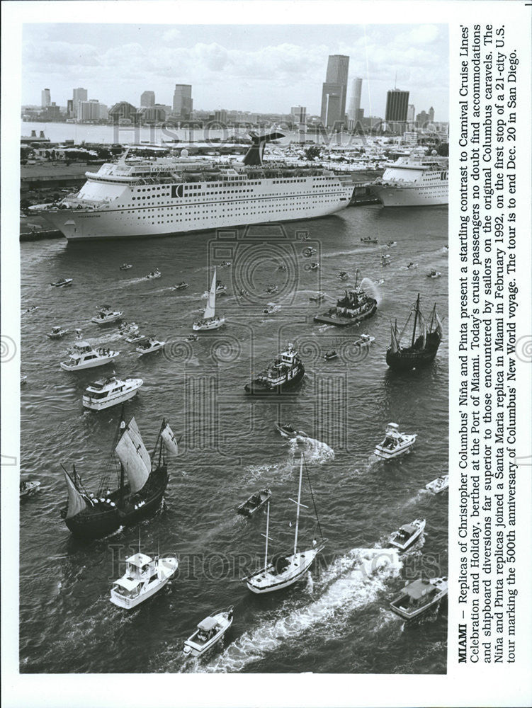 1992 Press Photo Replicas Christopher Columbus Nina Pinta Carnival Cruise Lines - Historic Images