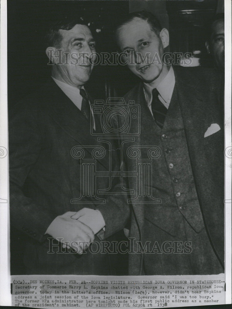 1938 Press Photo Secretary of Commerce Harry L. Hopkins, Gov George A. Wilson - Historic Images