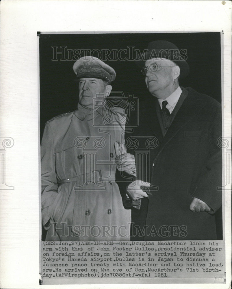 1951 Press Photo Gen. Douglas MacArthur John Foster Dulles Japan Peace Treaty - Historic Images