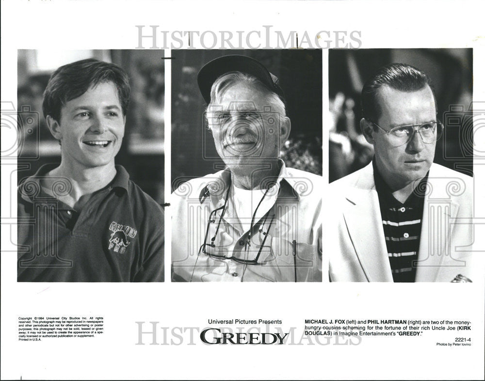 1994 Press Photo Michael Fox Phil Hartman Kirk Douglas Actors Greedy Film - Historic Images